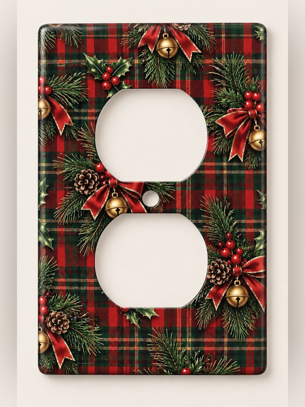 Christmas Plaid Duplex Outlet Cover Wall Plate Midway Size Holiday Decor